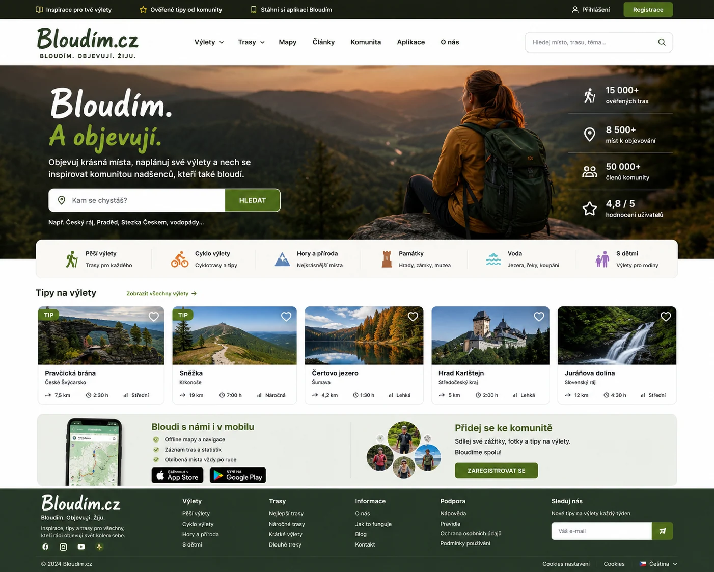 Vizuální návrh možného projektu Bloudim.cz zaměřeného na cestování, výlety, objevování míst a outdoorovou komunitu